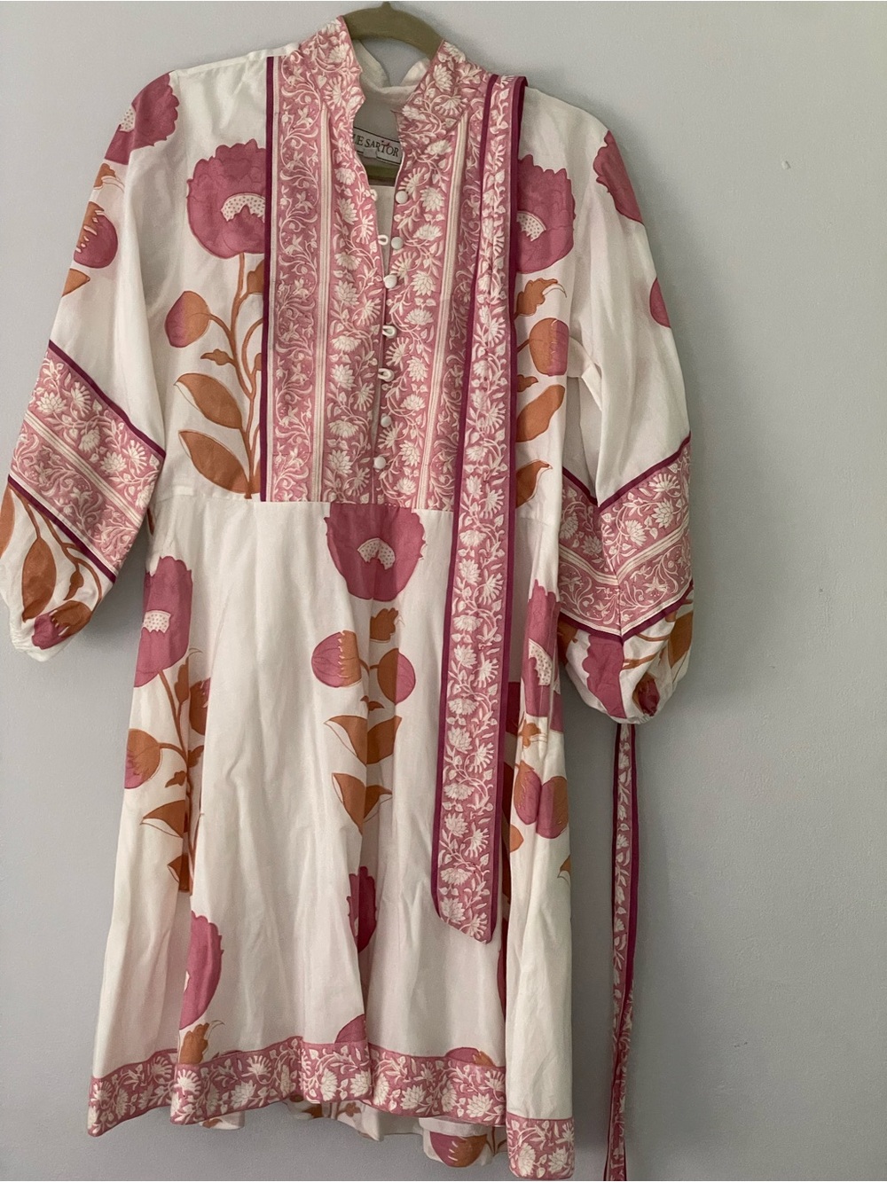 Anthropologie White Tunic Dress with Pink Floral and Tan Accents - Picture 2 of 9